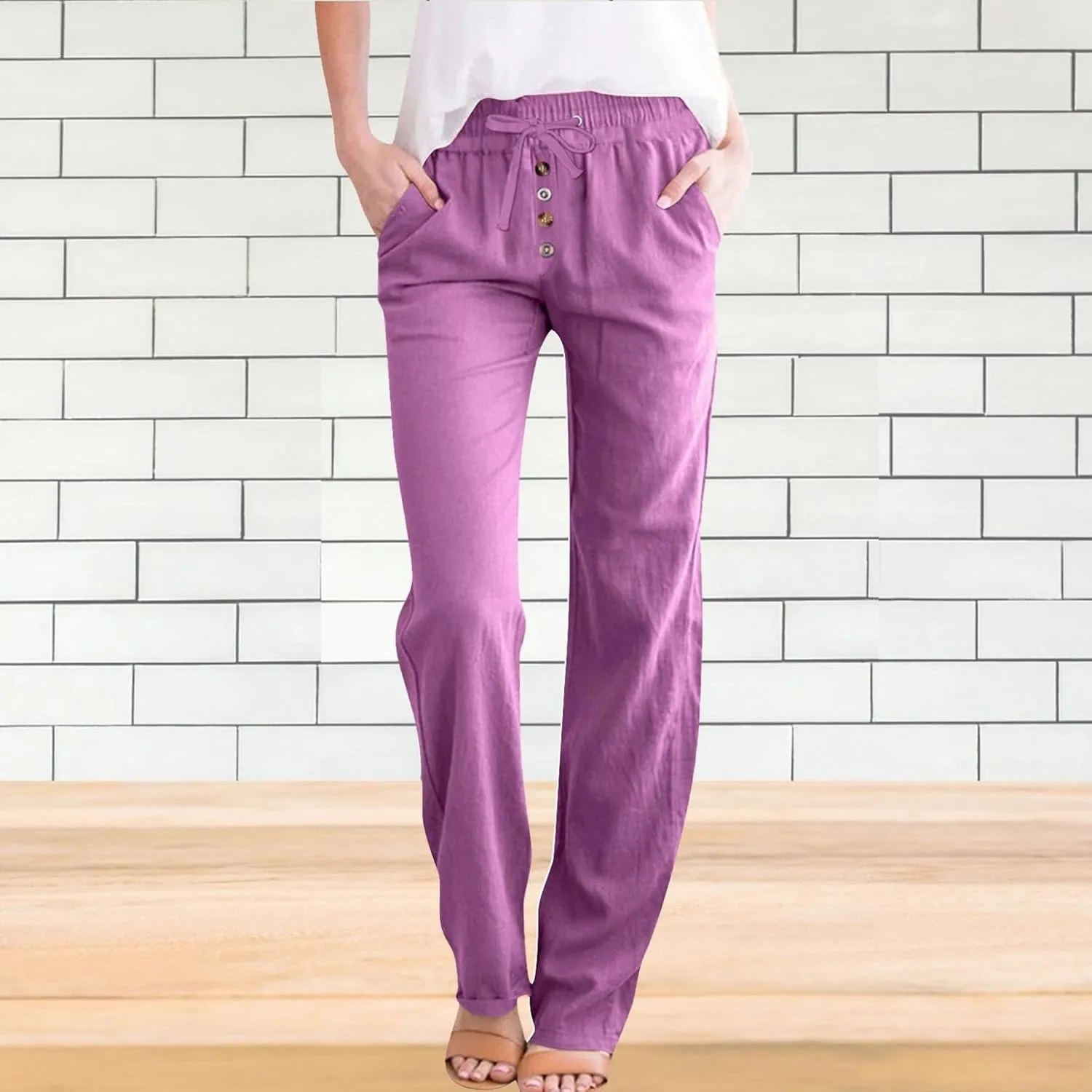 Pants for Womens Plus Size Summer Lounge Straight Leg Lace-Up Stretch Waisted Solid Color Loose Casual Trousers