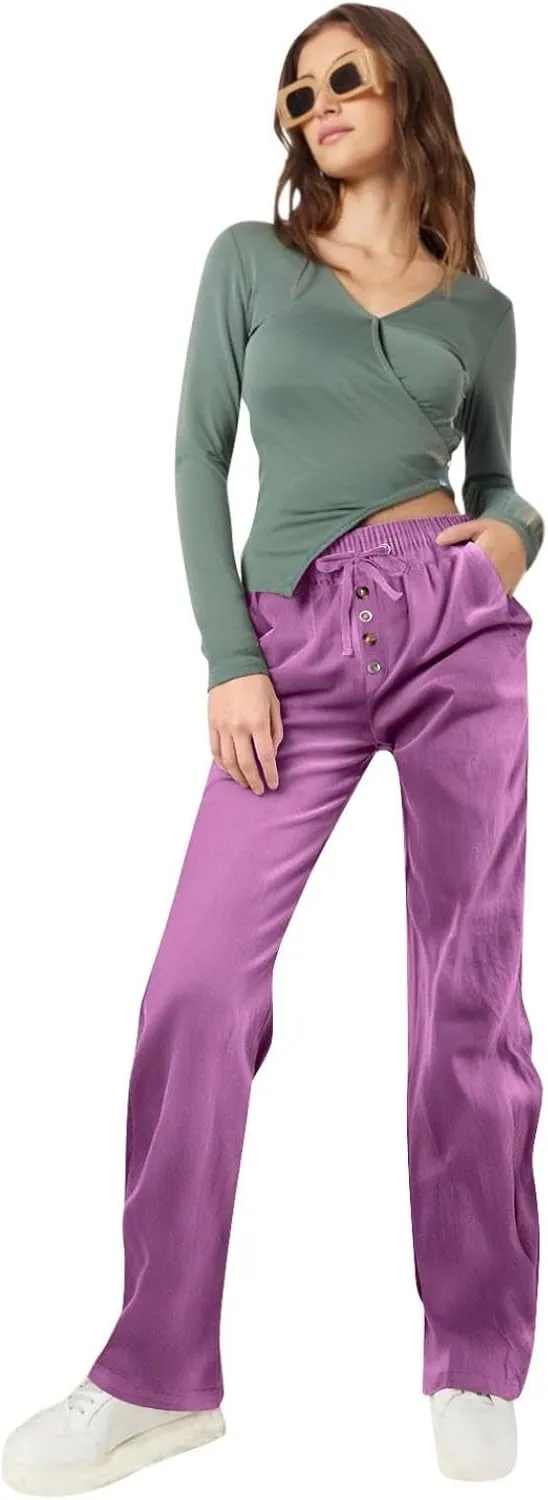 Pants for Womens Plus Size Summer Lounge Straight Leg Lace-Up Stretch Waisted Solid Color Loose Casual Trousers