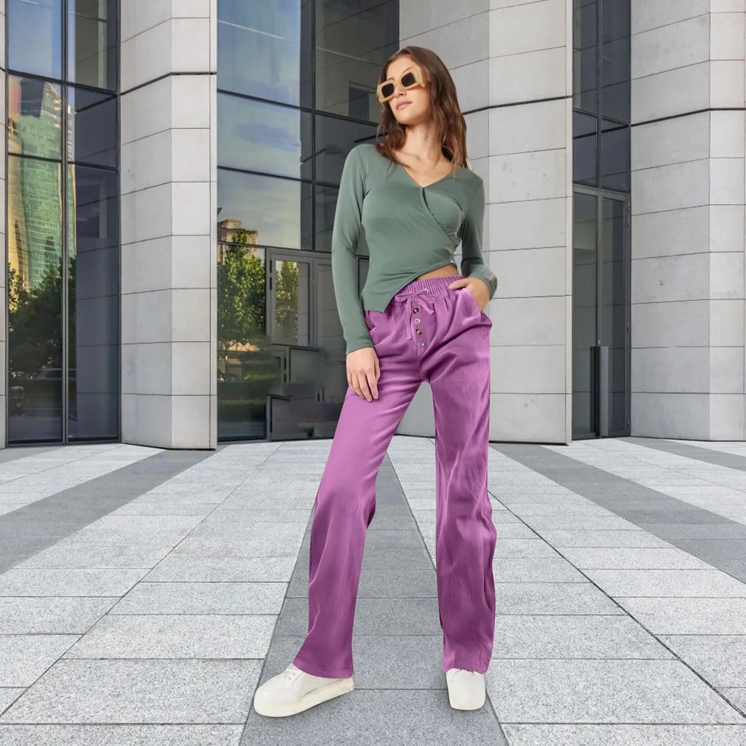 Pants for Womens Plus Size Summer Lounge Straight Leg Lace-Up Stretch Waisted Solid Color Loose Casual Trousers