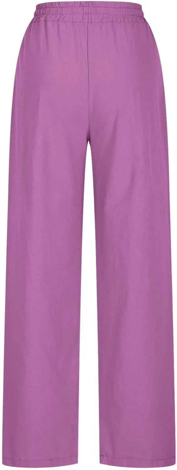 Pants for Womens Plus Size Summer Lounge Straight Leg Lace-Up Stretch Waisted Solid Color Loose Casual Trousers