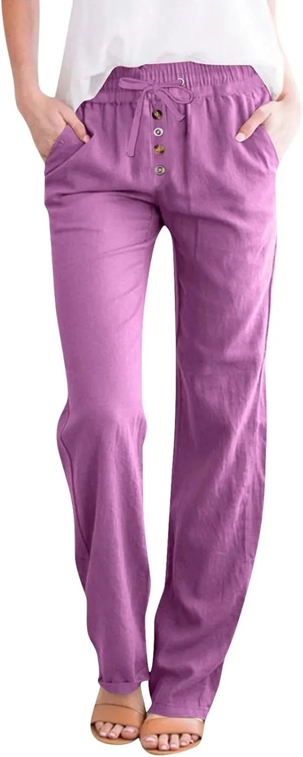 Pants for Womens Plus Size Summer Lounge Straight Leg Lace-Up Stretch Waisted Solid Color Loose Casual Trousers
