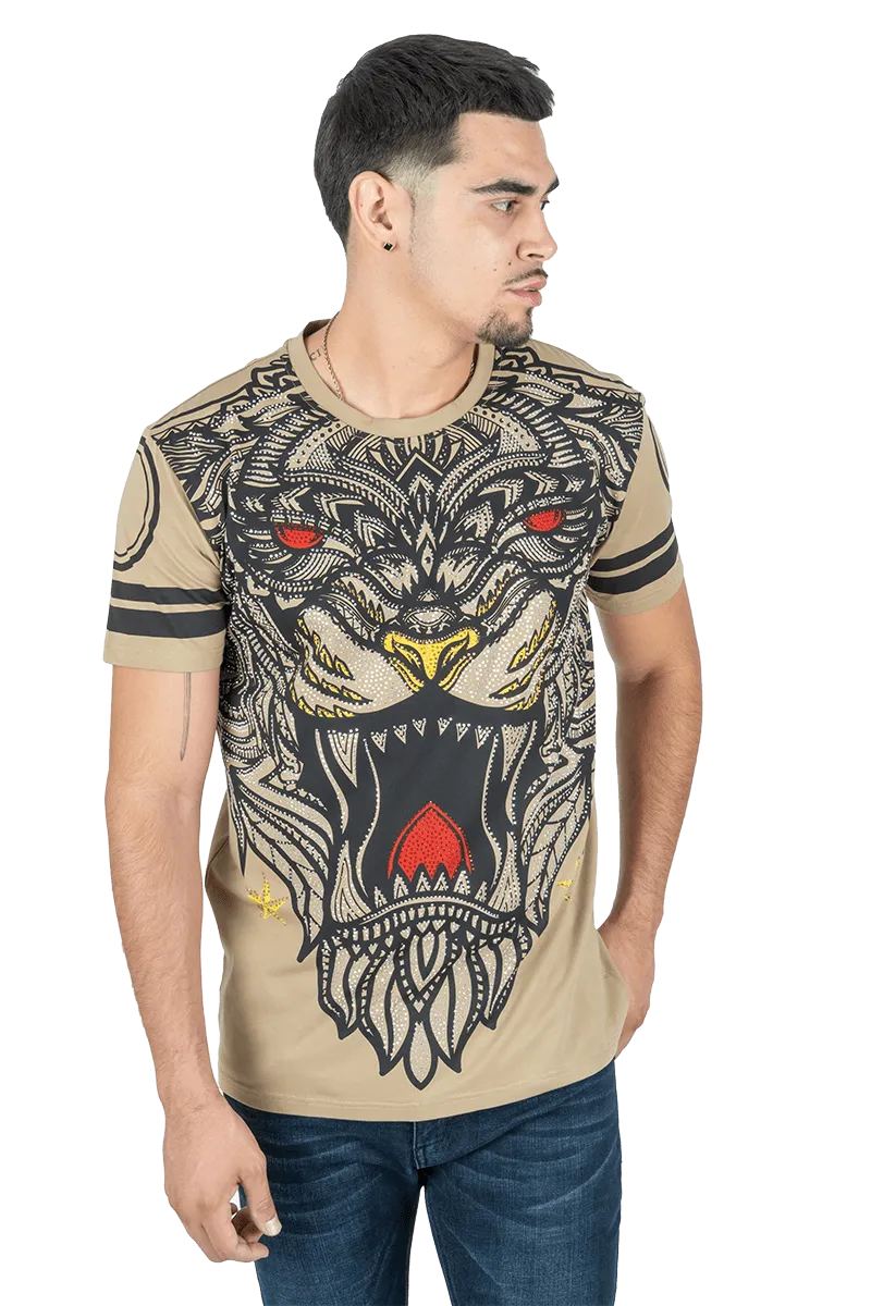 Platini Men's Cotton Khaki Rhinestone T-shirt