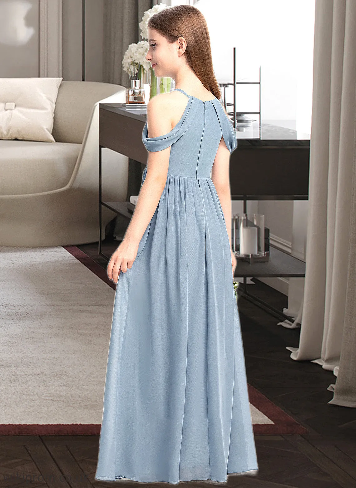 Rory A-Line Scoop Neck Floor-Length Chiffon Junior Bridesmaid Dress With Ruffle SWKP0013302