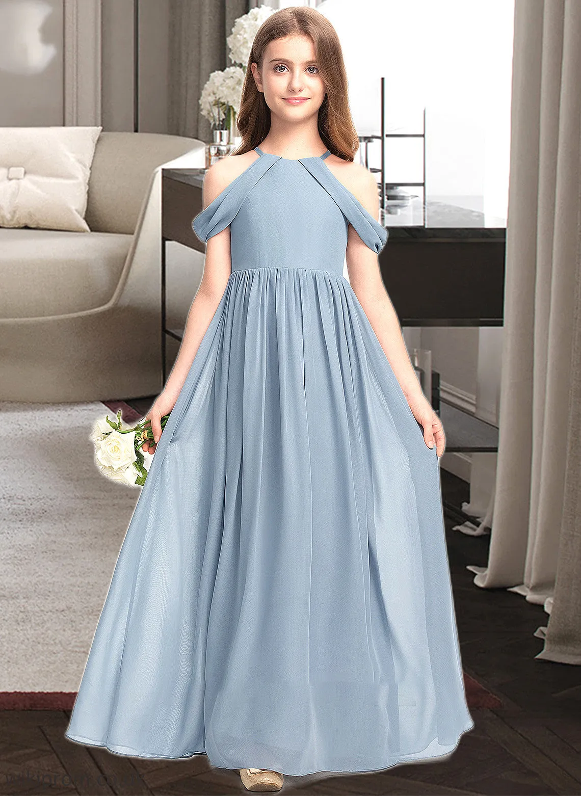 Rory A-Line Scoop Neck Floor-Length Chiffon Junior Bridesmaid Dress With Ruffle SWKP0013302