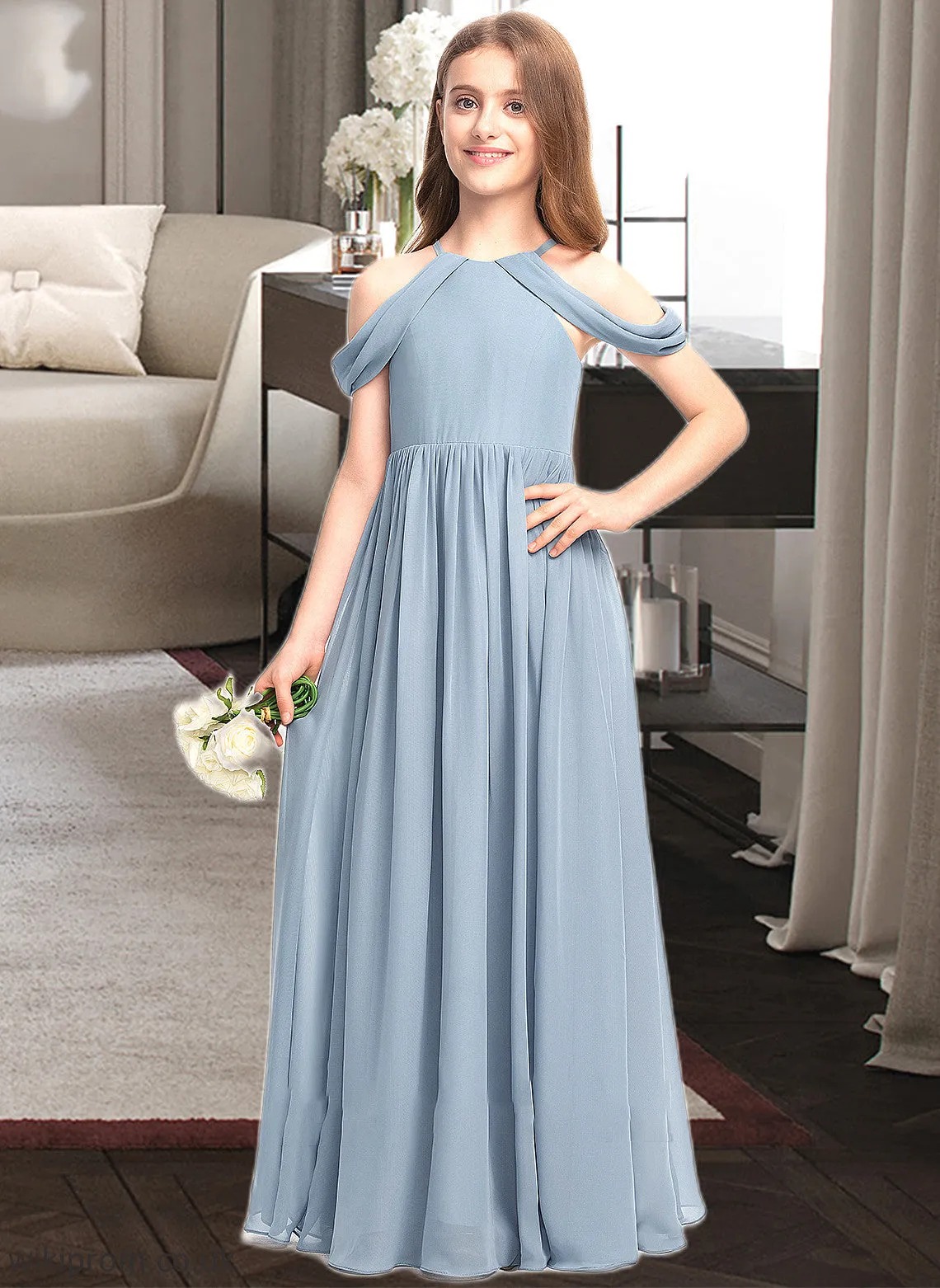 Rory A-Line Scoop Neck Floor-Length Chiffon Junior Bridesmaid Dress With Ruffle SWKP0013302