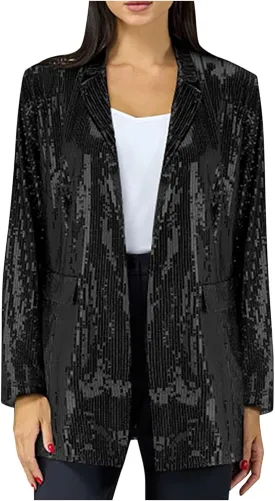 Sequin Blazer for Women Sparkly Jacket Cardigan Open Front Blazer Plus Size Outerwear Formal Jacket for Evening Gown