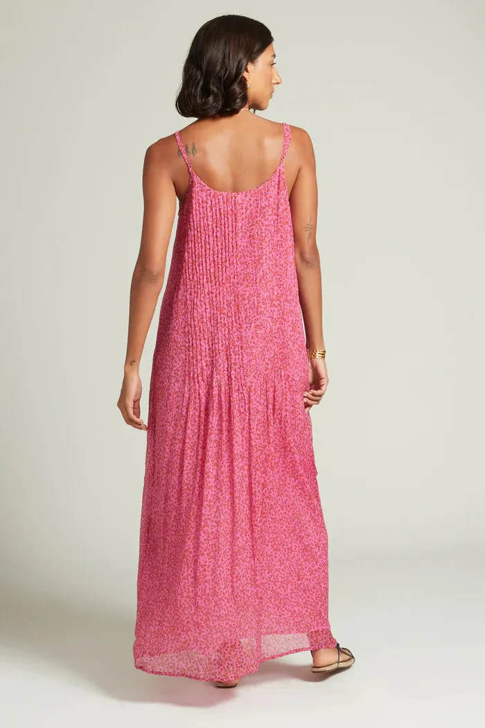 Silk Pin Tuck Maxi Dress in Fuchsia Pink