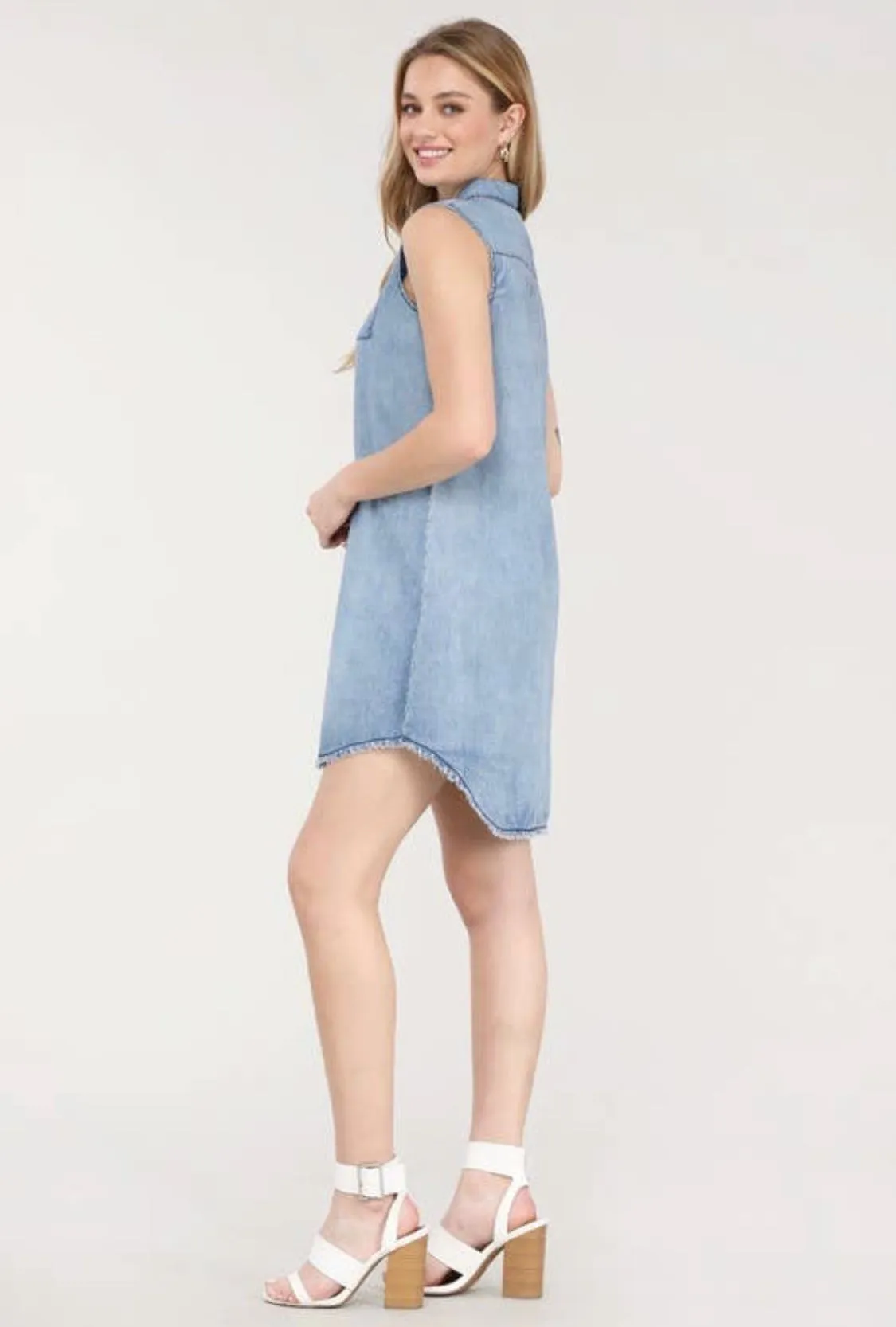 SLEEVELESS BUTTON DOWN SHIRT DRESS (Additional Colors Available)