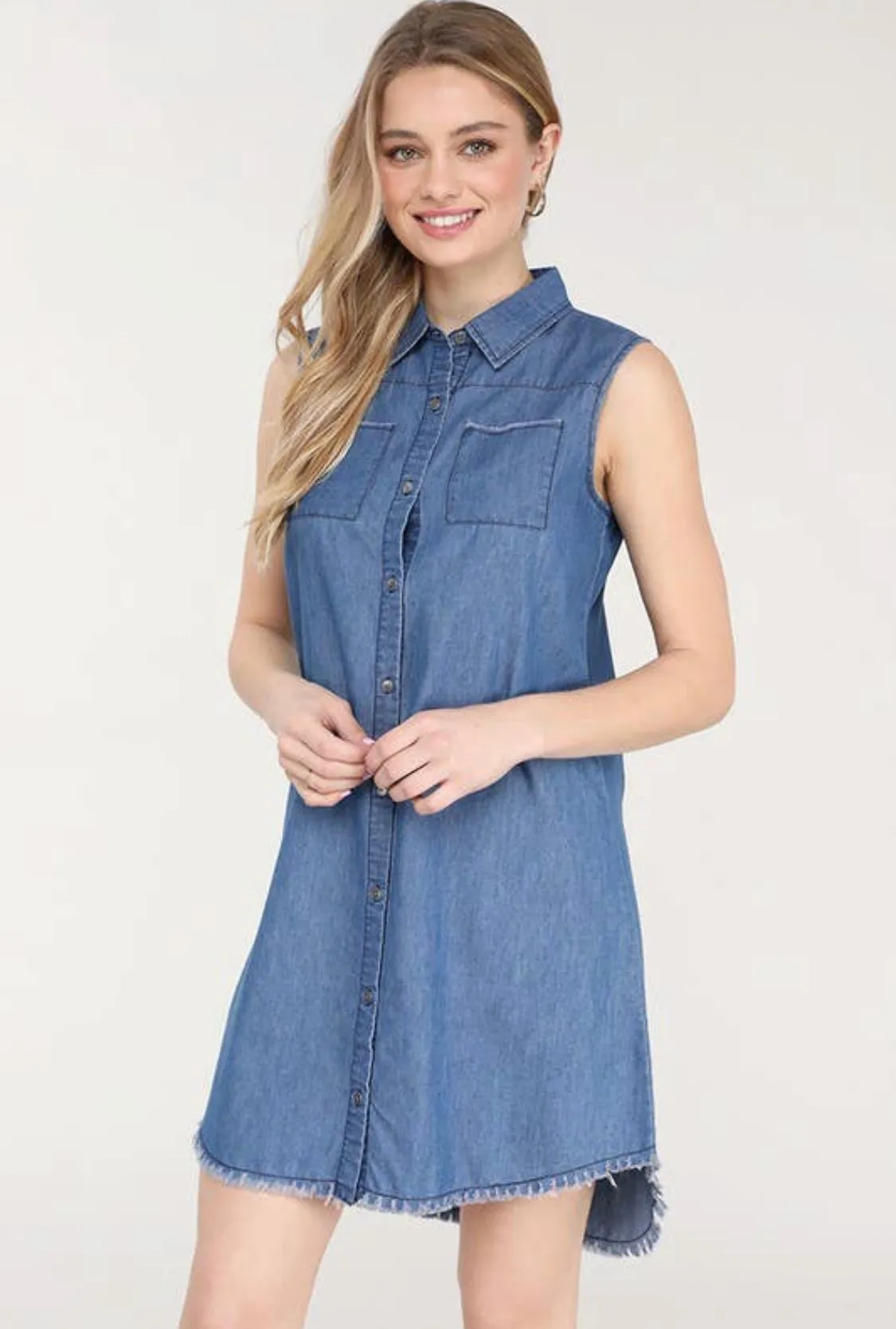 SLEEVELESS BUTTON DOWN SHIRT DRESS (Additional Colors Available)