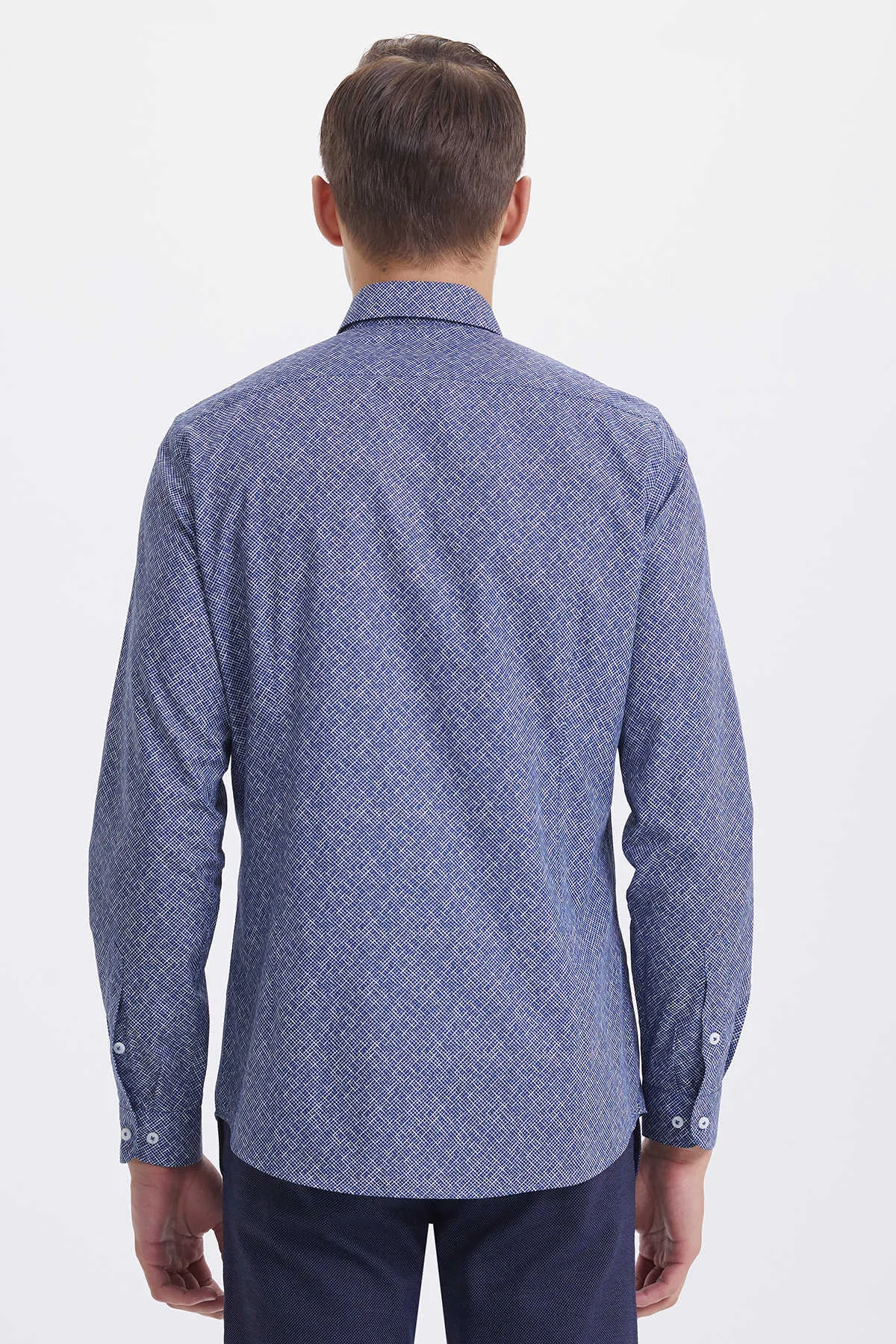 Slim Fit Cotton Diagonal Grid Navy Casual Shirt