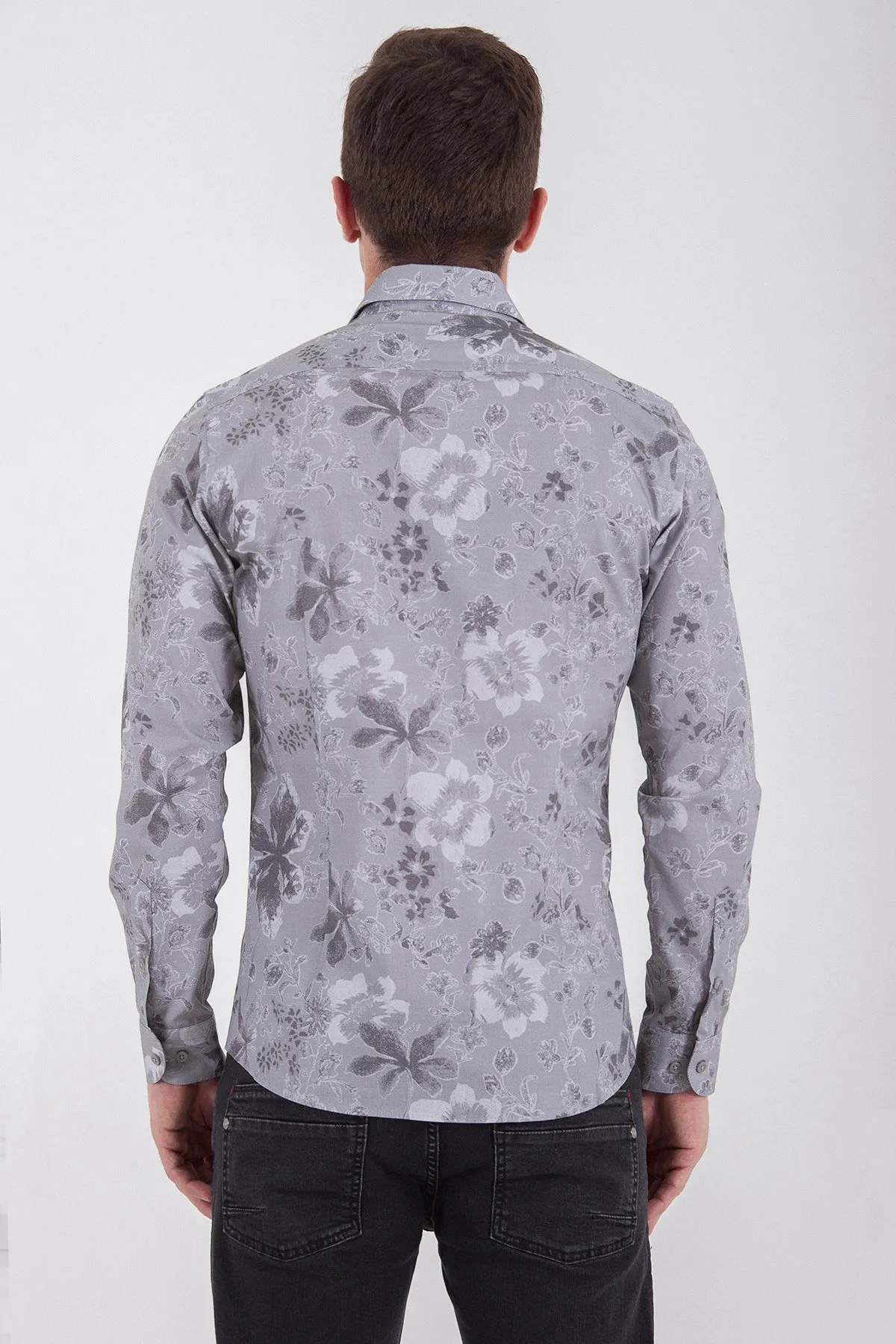 Slim Fit Long Sleeve Cotton Floral Gray Casual Shirt