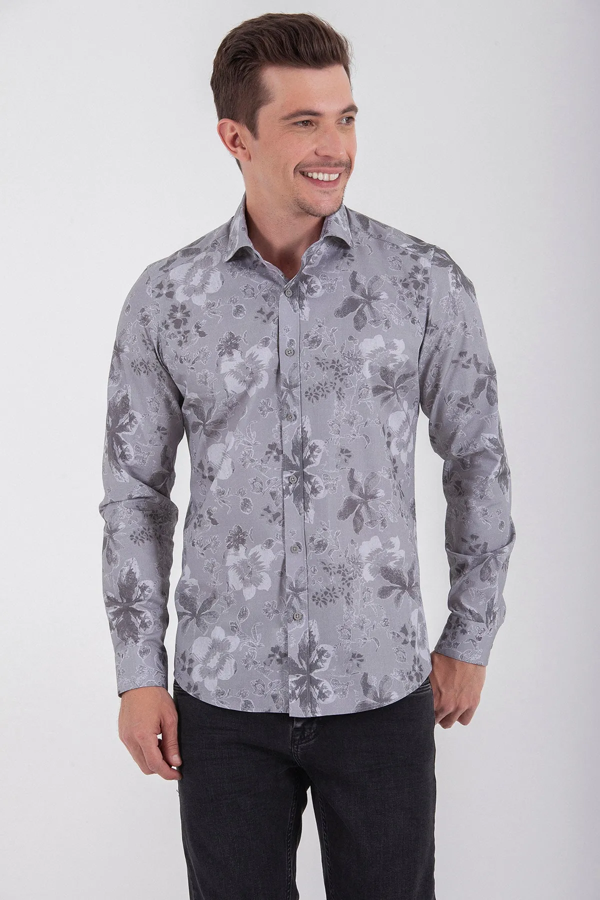 Slim Fit Long Sleeve Cotton Floral Gray Casual Shirt