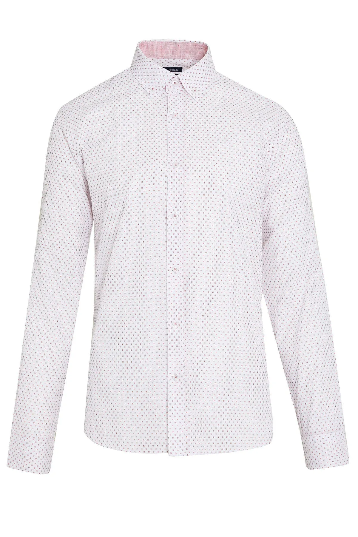 Slim Fit Long Sleeve Printed Cotton Brick Casual Shirt