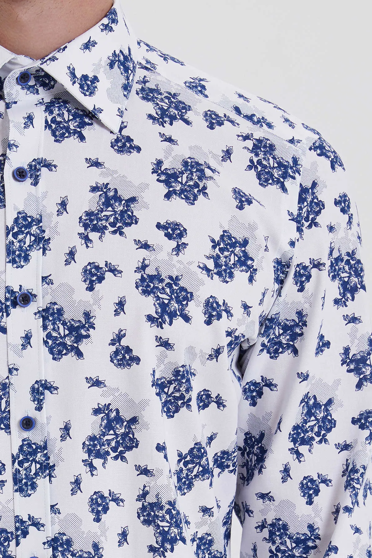 Slim Fit Long Sleeve Printed Cotton White Casual Shirt