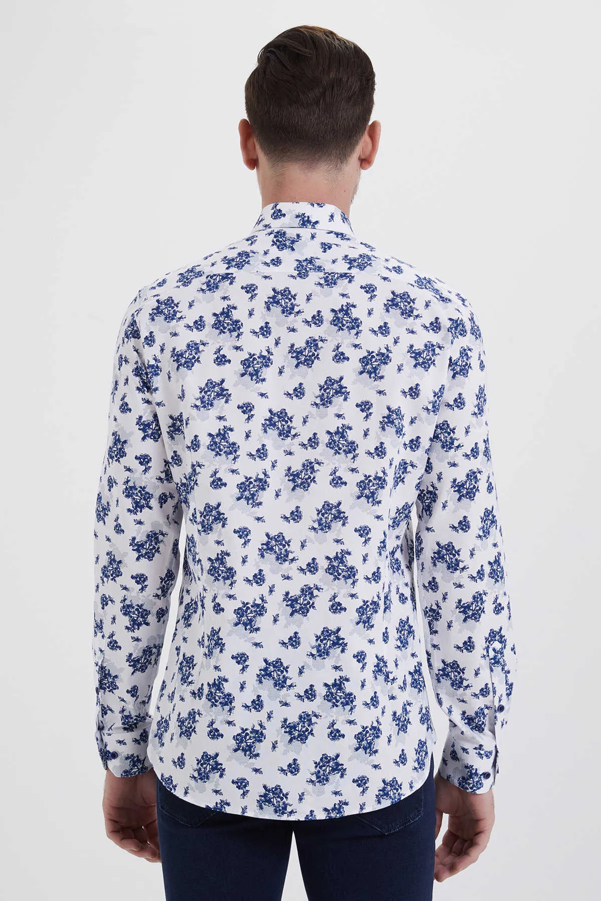 Slim Fit Long Sleeve Printed Cotton White Casual Shirt