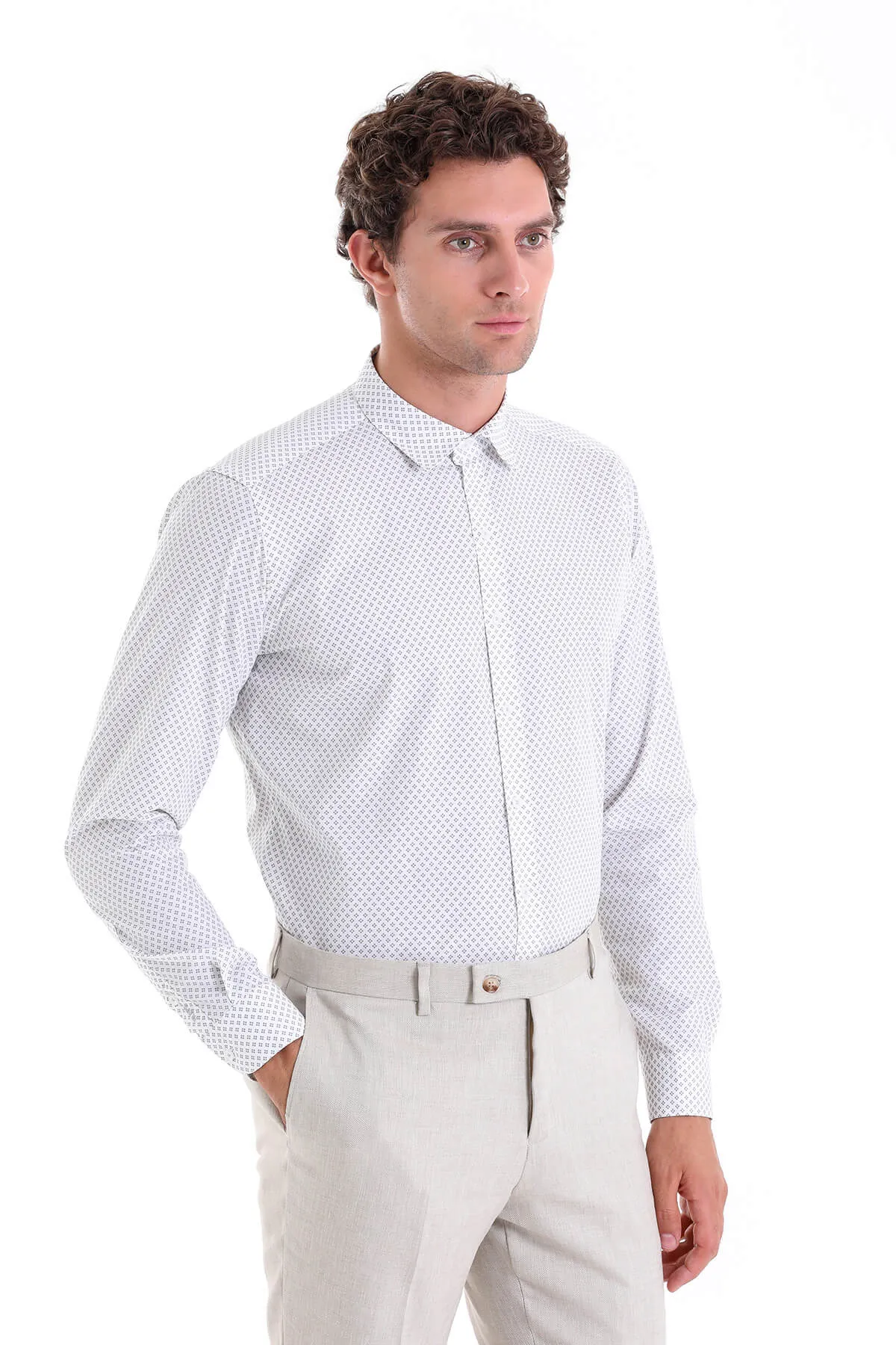 Slim Fit Printed 100% Cotton Gray Casual Shirt