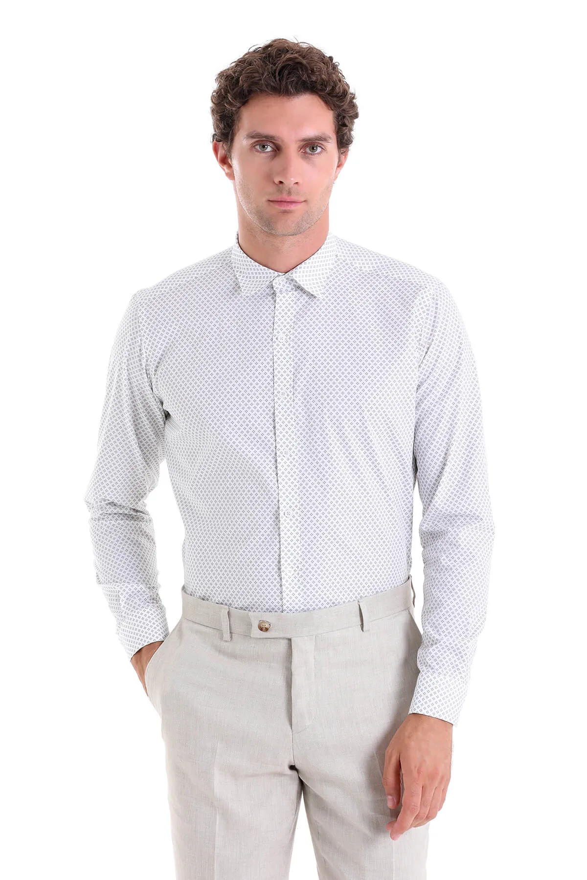 Slim Fit Printed 100% Cotton Gray Casual Shirt