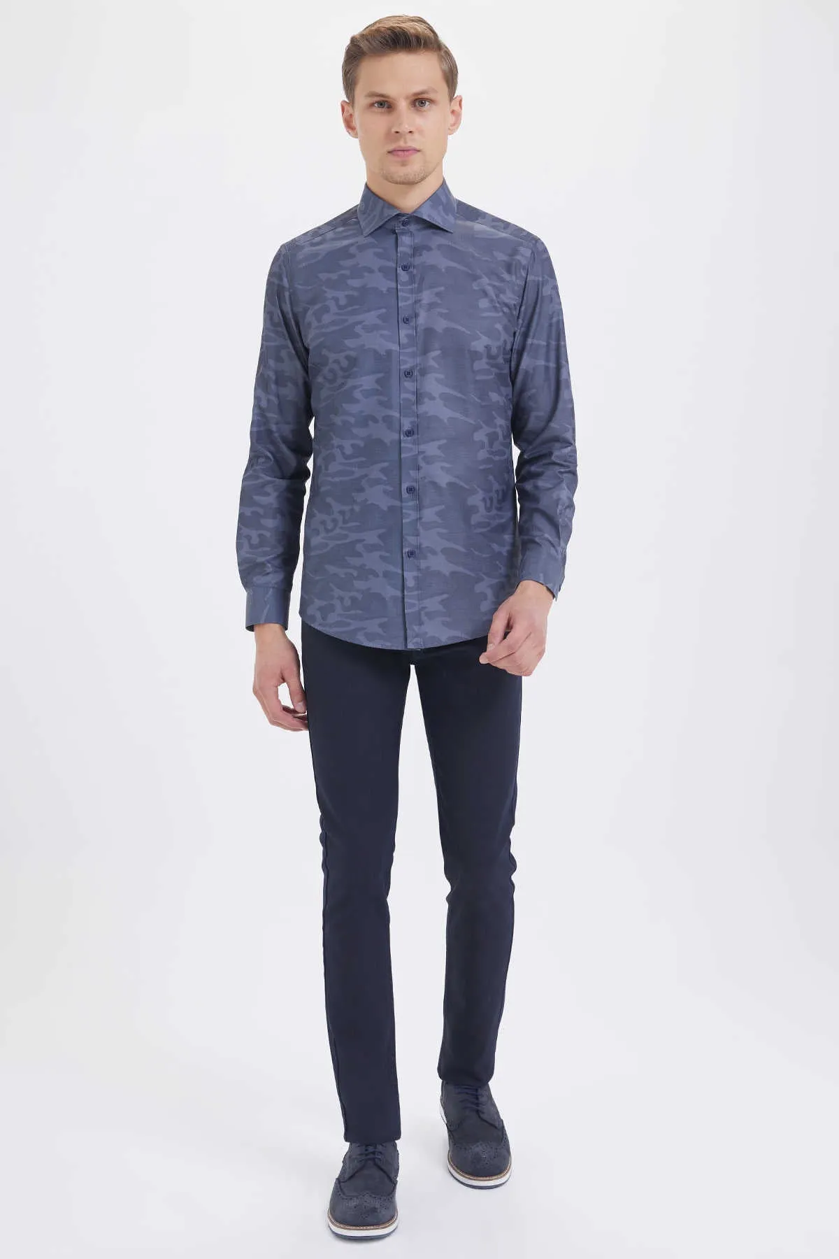 Slim Fit Printed Cotton Blend Gray Casual Shirt