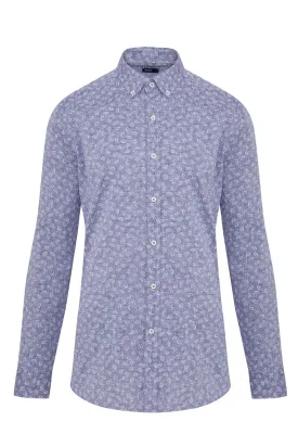 Slim Fit Printed Linen & Cotton Navy Casual Shirt