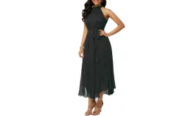 Spring And Summer Style Halter Off Shoulder Chiffon Pleated Dress