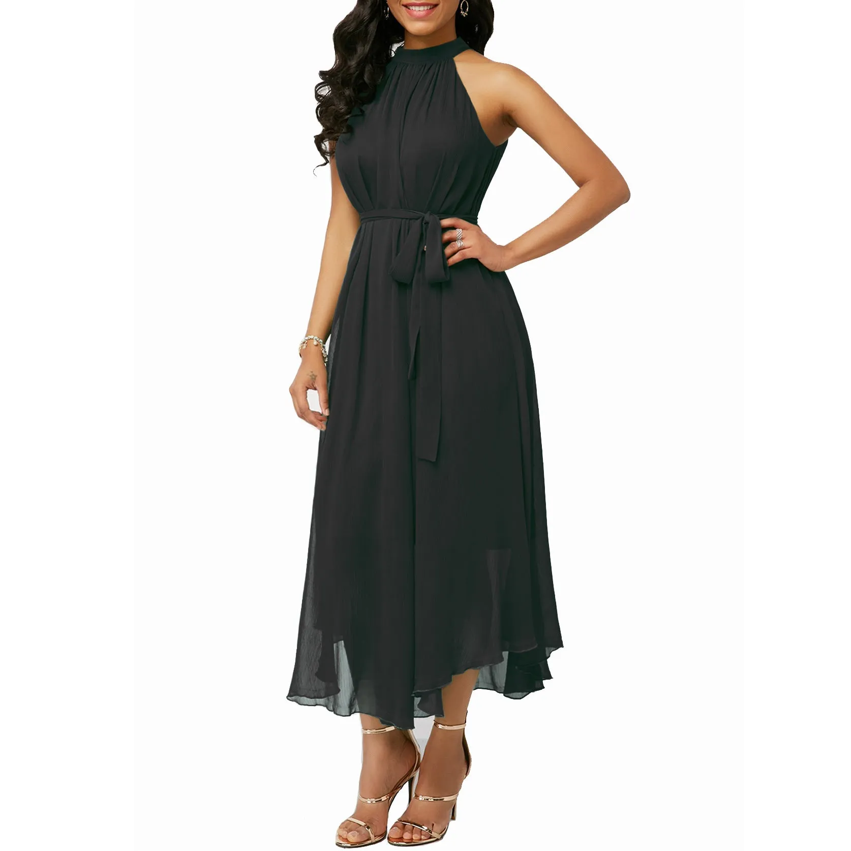 Spring And Summer Style Halter Off Shoulder Chiffon Pleated Dress