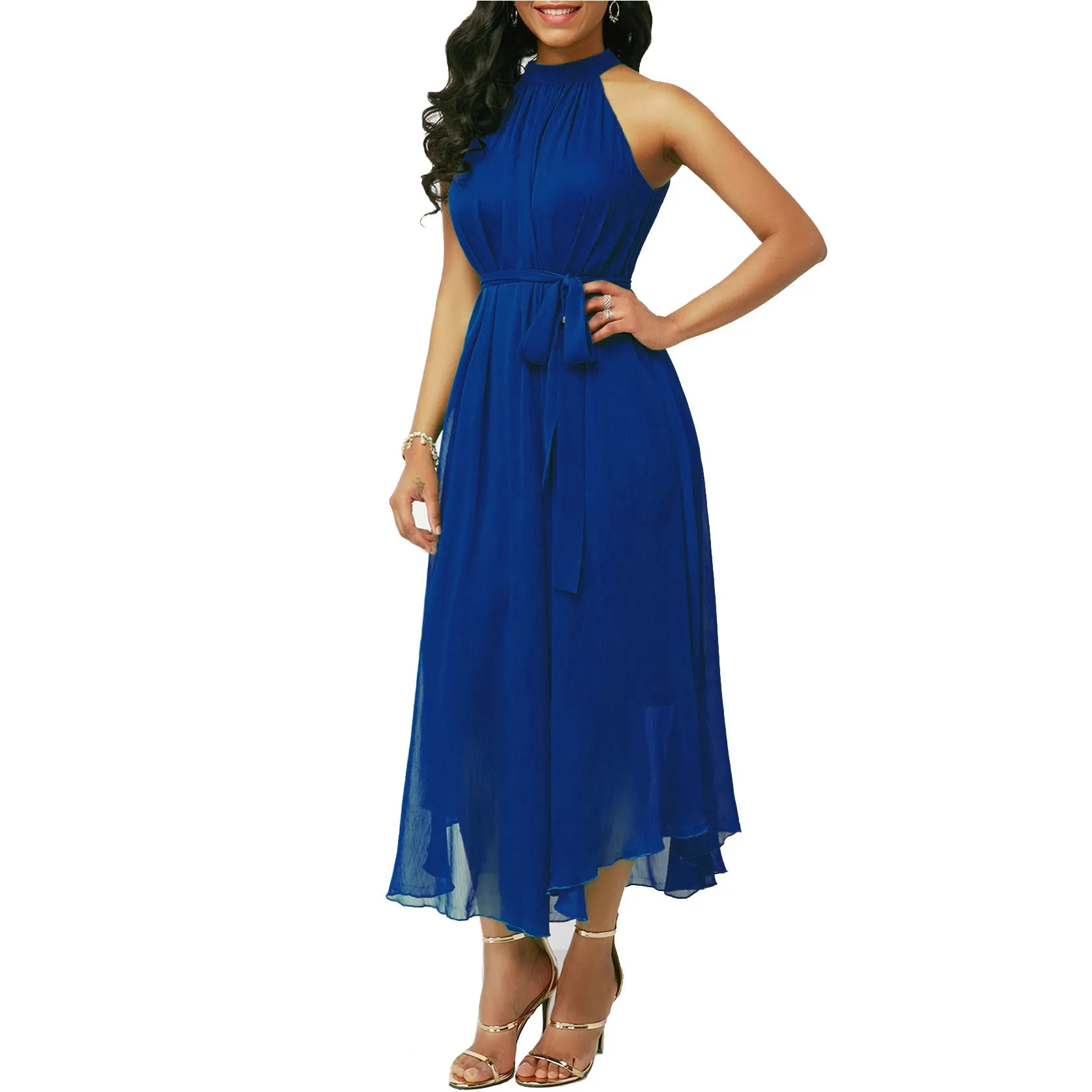 Spring And Summer Style Halter Off Shoulder Chiffon Pleated Dress
