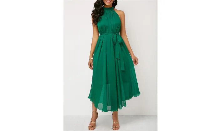 Spring And Summer Style Halter Off Shoulder Chiffon Pleated Dress
