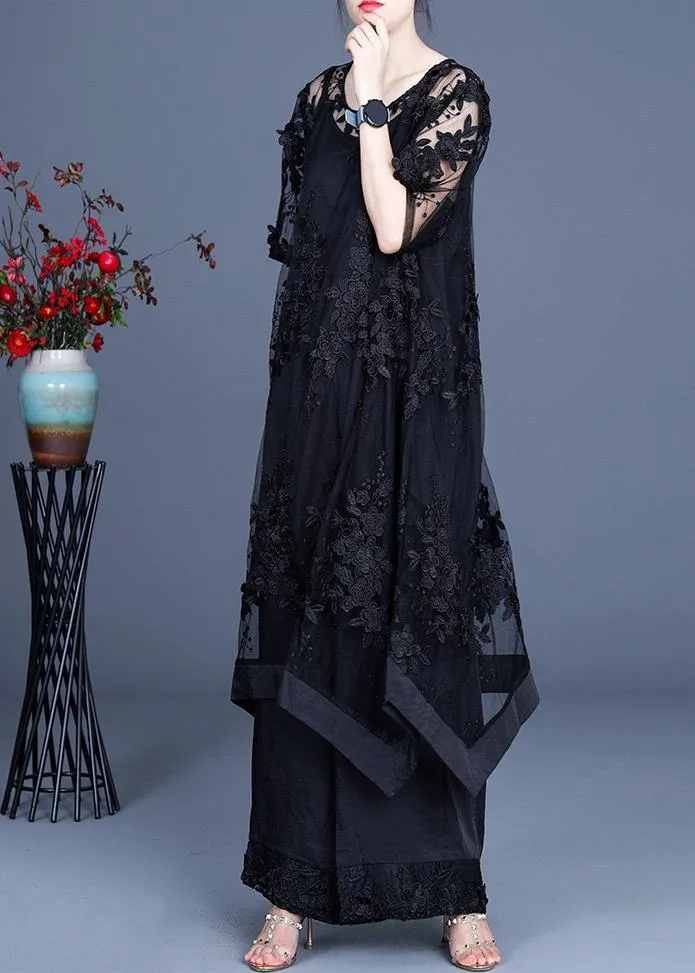 Summer Black Dress Wide Leg Pants Suspender Skirt Three Piece Set