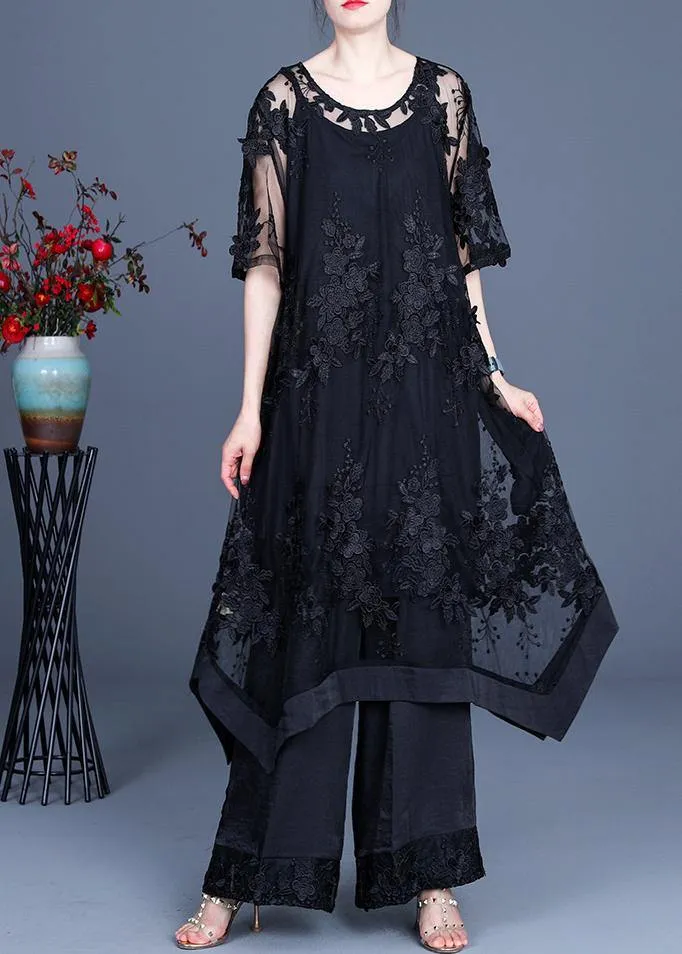 Summer Black Dress Wide Leg Pants Suspender Skirt Three Piece Set