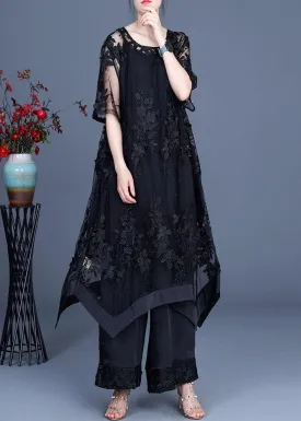 Summer Black Dress Wide Leg Pants Suspender Skirt Three Piece Set