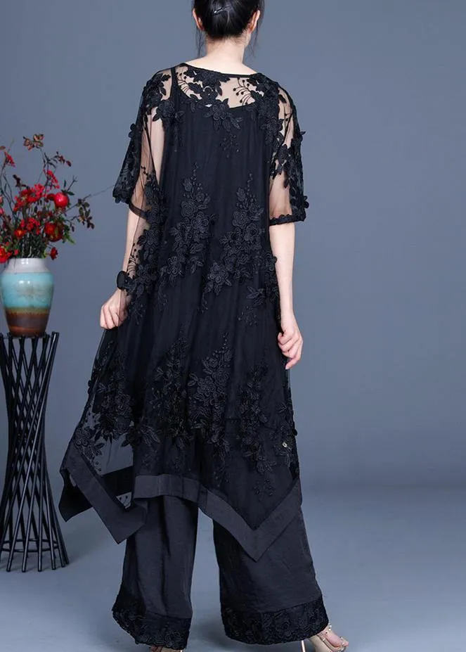 Summer Black Dress Wide Leg Pants Suspender Skirt Three Piece Set
