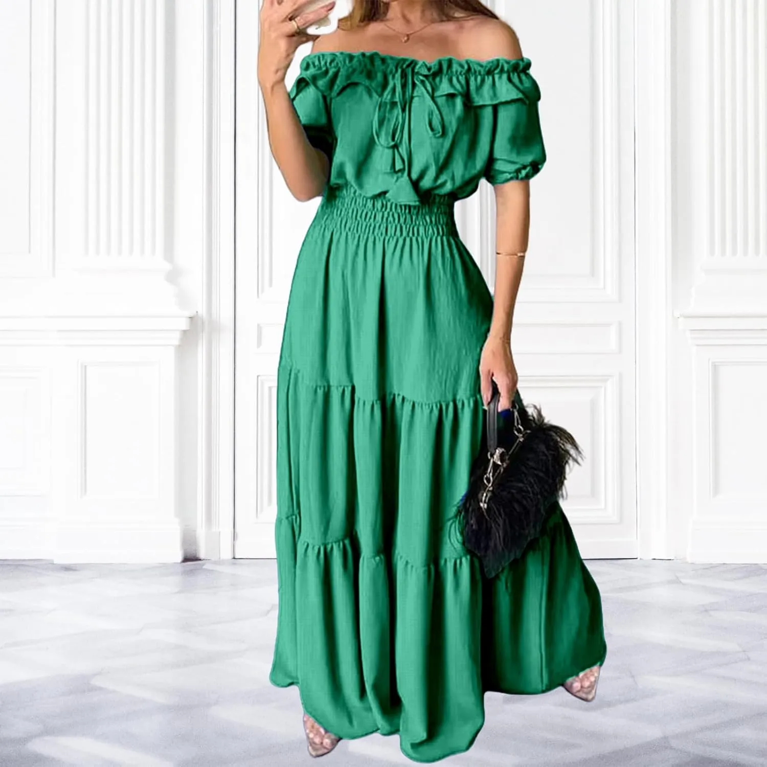 Summer Maxi Dresses for Women 2025 Off Shoulder Ruffle Dress Formal Office Dresses Smocked Waist Puff Sleeve Casual