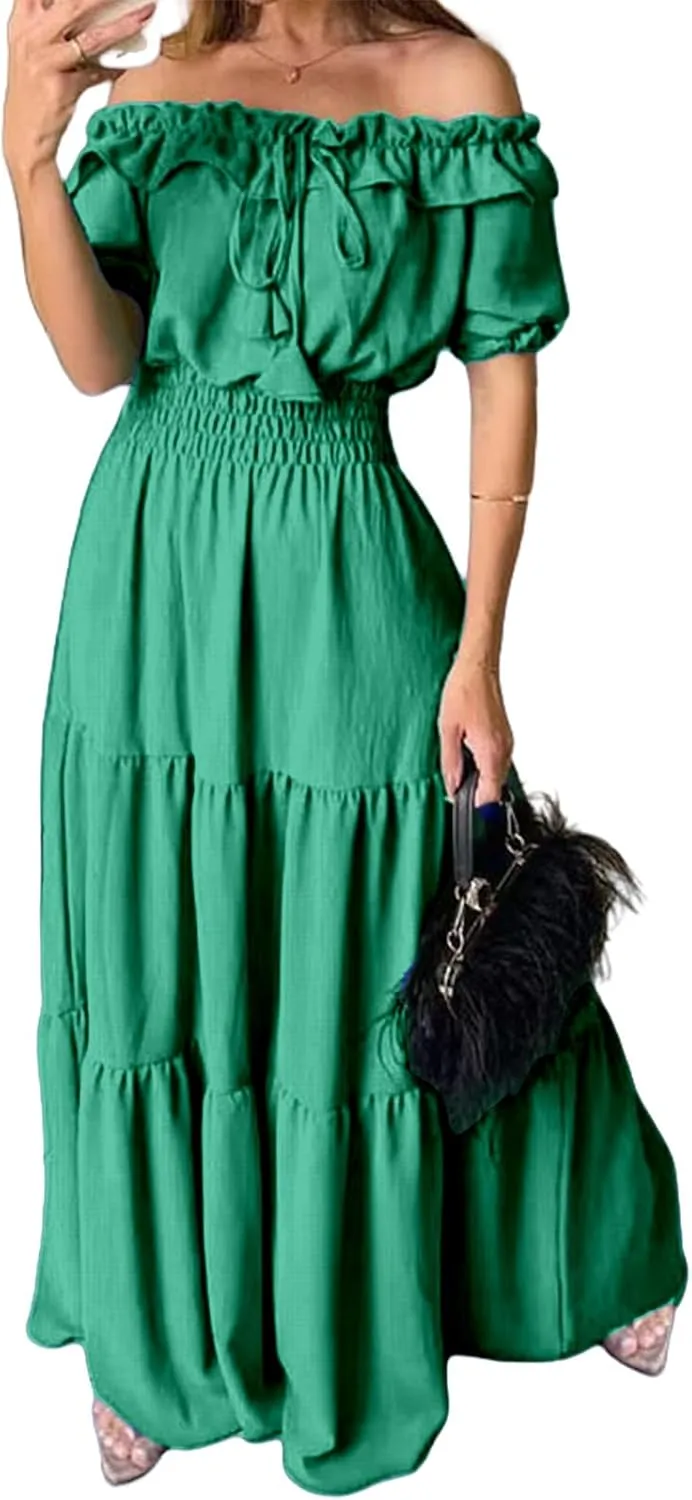 Summer Maxi Dresses for Women 2025 Off Shoulder Ruffle Dress Formal Office Dresses Smocked Waist Puff Sleeve Casual