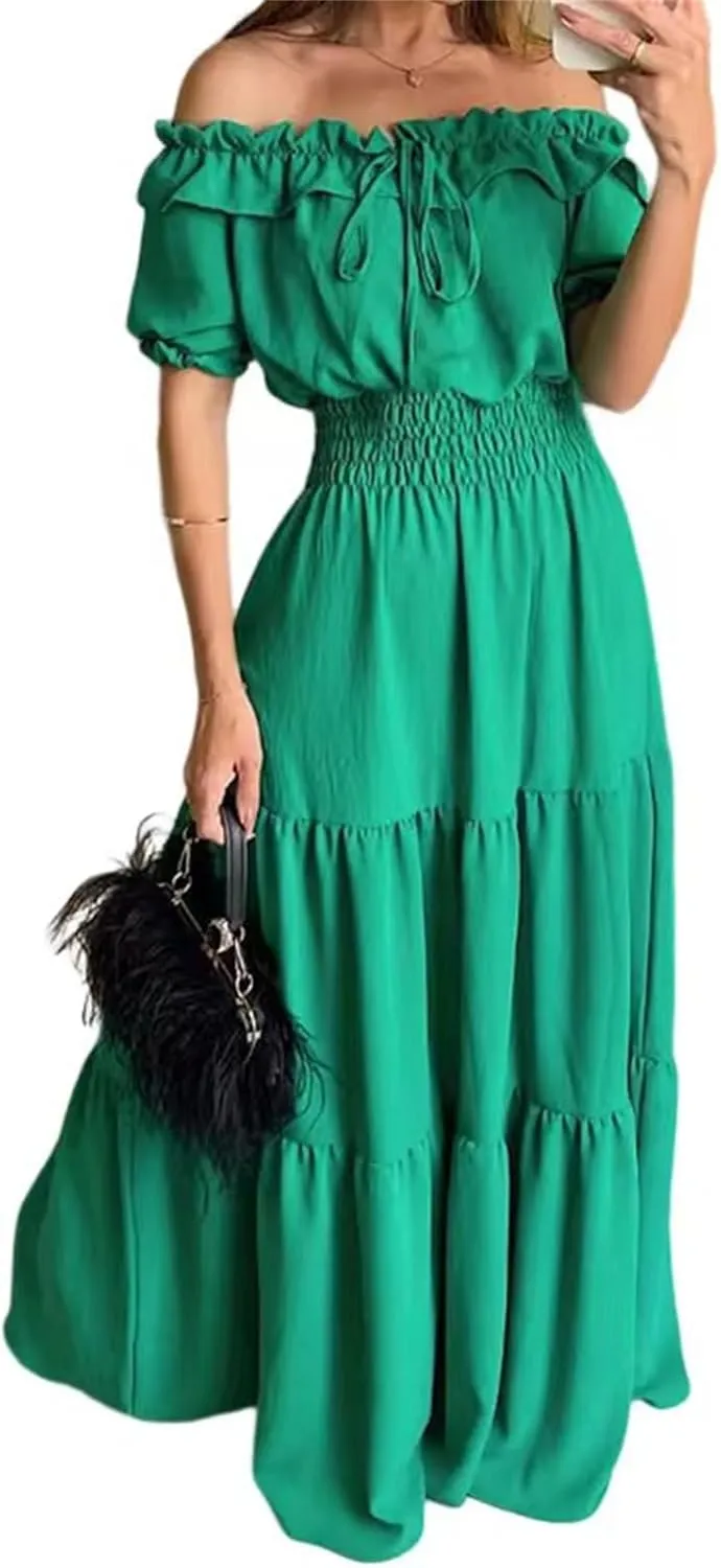 Summer Maxi Dresses for Women 2025 Off Shoulder Ruffle Dress Formal Office Dresses Smocked Waist Puff Sleeve Casual
