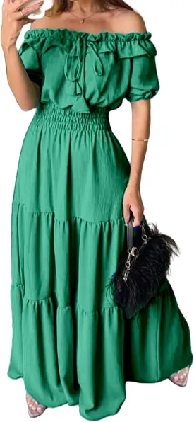 Summer Maxi Dresses for Women 2025 Off Shoulder Ruffle Dress Formal Office Dresses Smocked Waist Puff Sleeve Casual