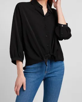 Tie Front Boyfriend Shirt in Pitch Black