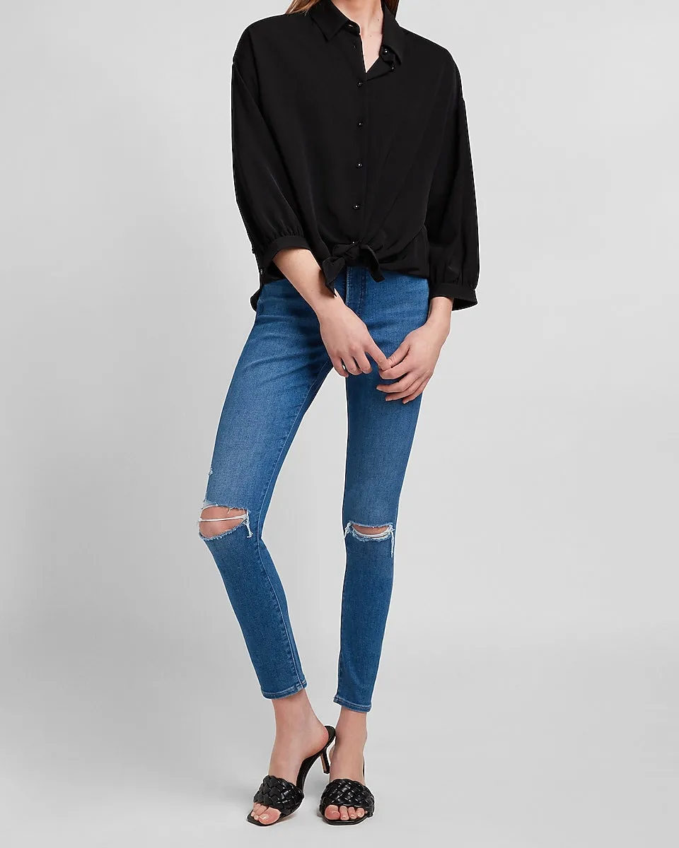 Tie Front Boyfriend Shirt in Pitch Black
