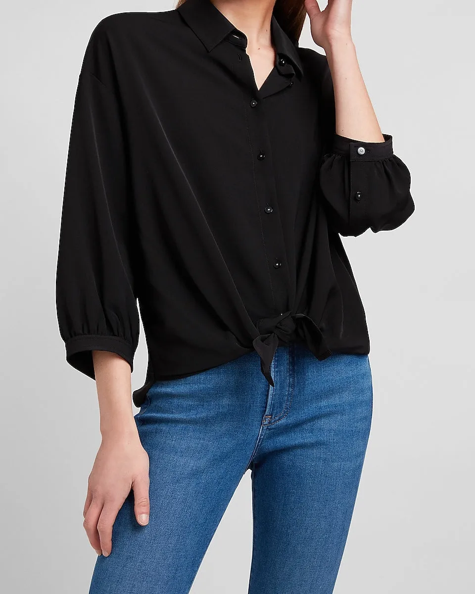 Tie Front Boyfriend Shirt in Pitch Black