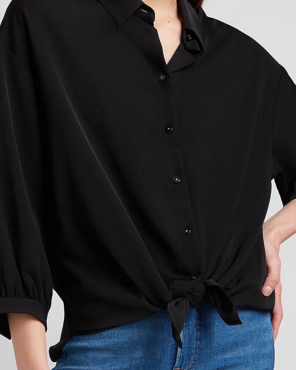 Tie Front Boyfriend Shirt in Pitch Black