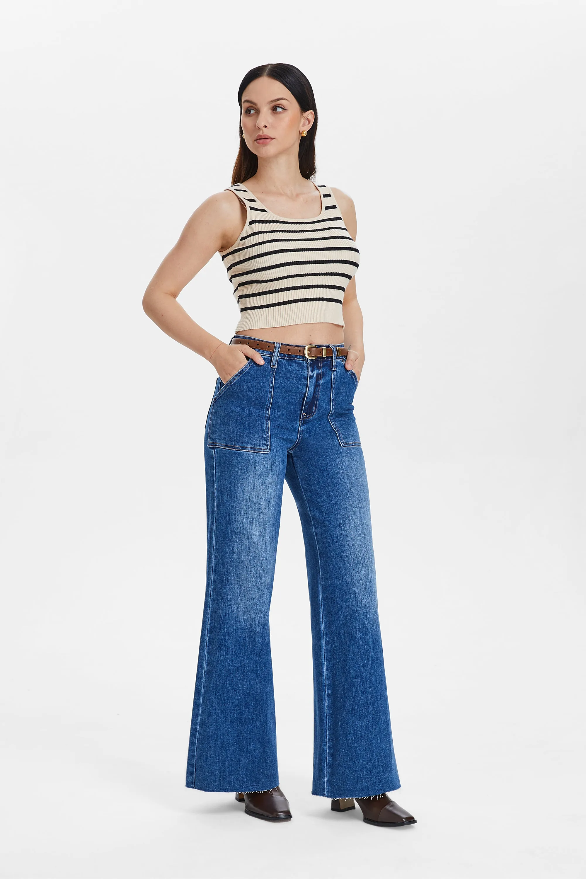 Utility Patch Pocket Wide Leg Denim Jeans