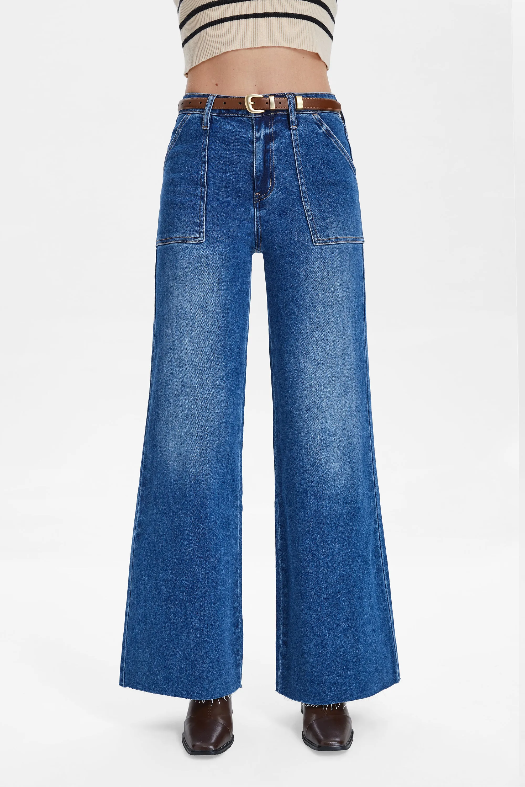Utility Patch Pocket Wide Leg Denim Jeans