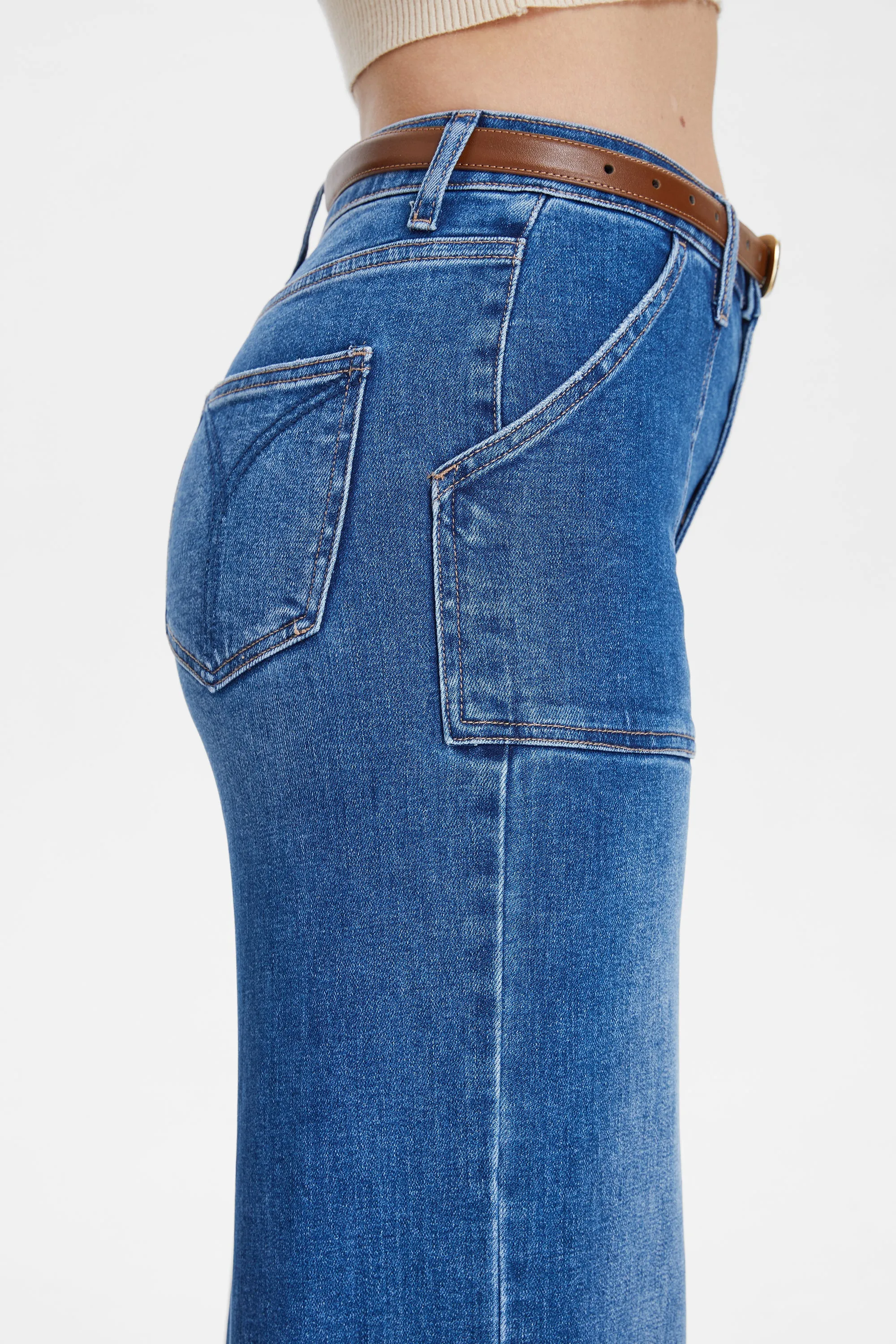 Utility Patch Pocket Wide Leg Denim Jeans