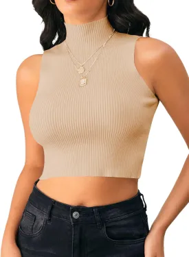 Verdusa Women's Sleeveless High Mock Neck Ribbed Fitted Solid Crop Tank Top