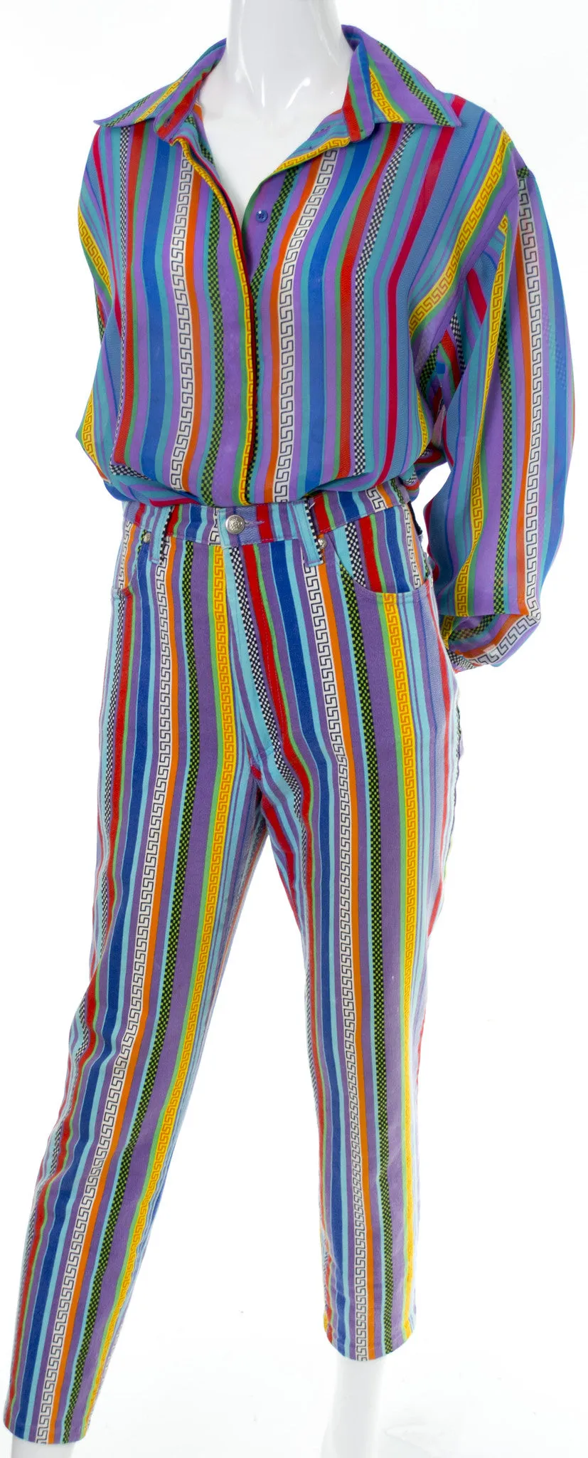 Versace Jeans Couture Striped Vintage Pants and Silk Blouse Outfit 1990s