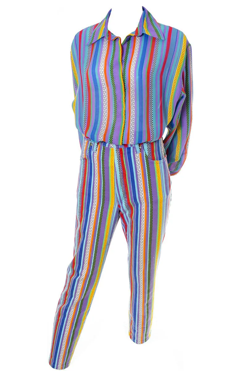 Versace Jeans Couture Striped Vintage Pants and Silk Blouse Outfit 1990s