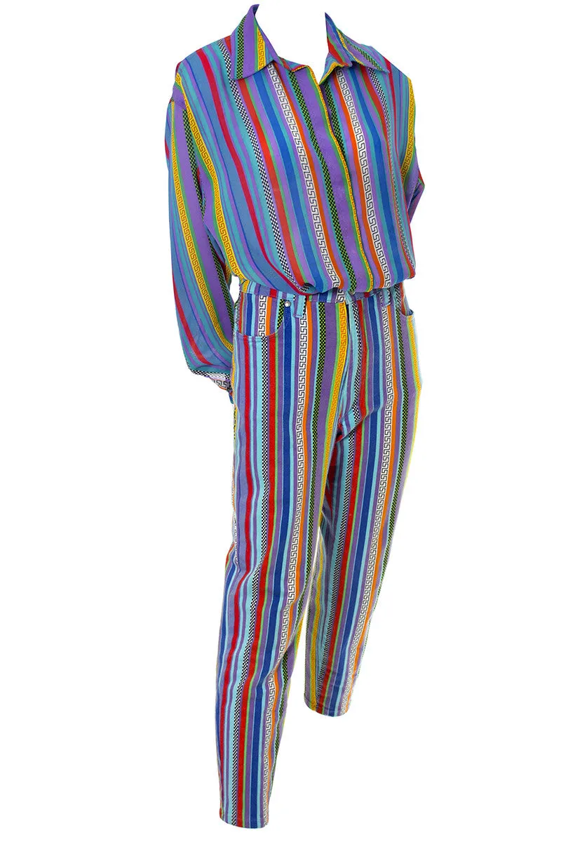 Versace Jeans Couture Striped Vintage Pants and Silk Blouse Outfit 1990s