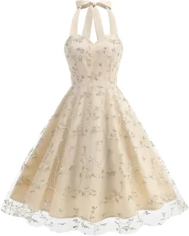 Vintage Dress for Women 1950s Cottagecore Cocktail Dresses Halter V Neck Mesh Floral Embroidered Swing Party Dress