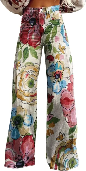 Wide Leg Flare Jeans for Women with Pockets Baggy Pants Vintage Floral Print High Waisted Loose Pant