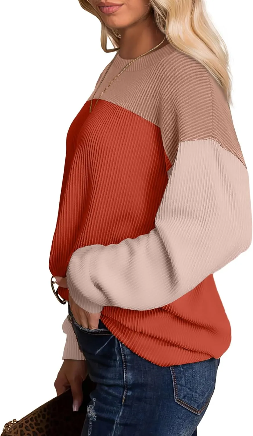 WIHOLL Womens Fall Fashion 2024 Color Block Long Sleeve Crewneck Knitted Ribbed Shirts Tunic Tops Casual Loose Trendy