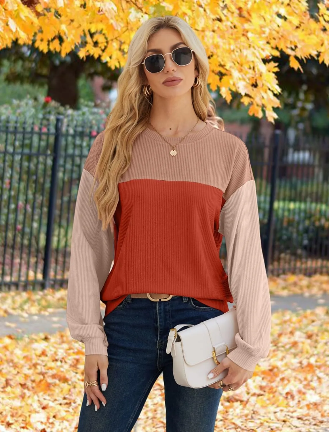 WIHOLL Womens Fall Fashion 2024 Color Block Long Sleeve Crewneck Knitted Ribbed Shirts Tunic Tops Casual Loose Trendy